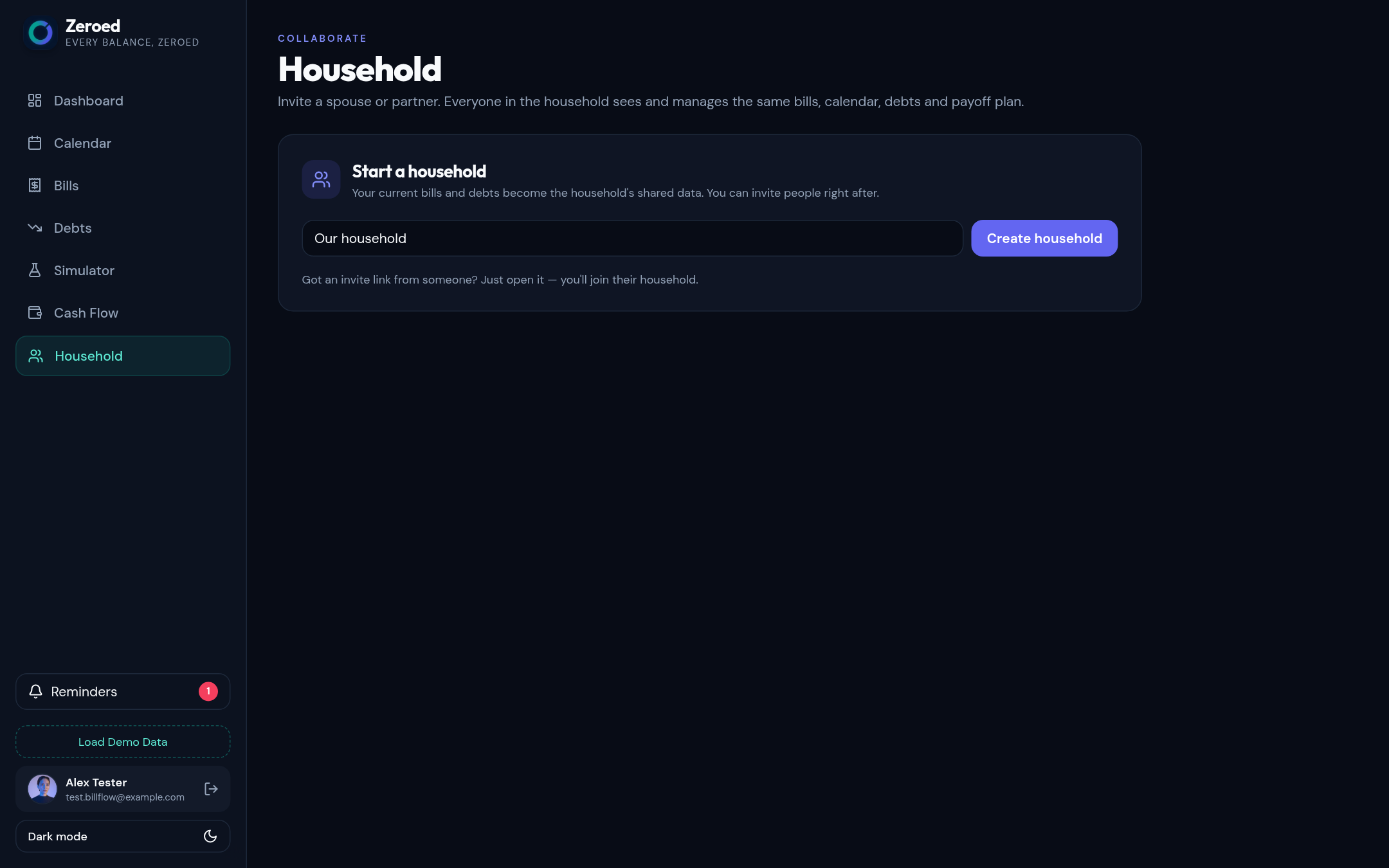 Household page with members and invite link